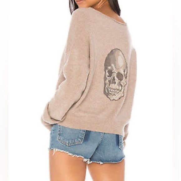 Skull Cashmere 100% sweater tan oversized Crosstitch embroidery skeleton S - Picture 1 of 12